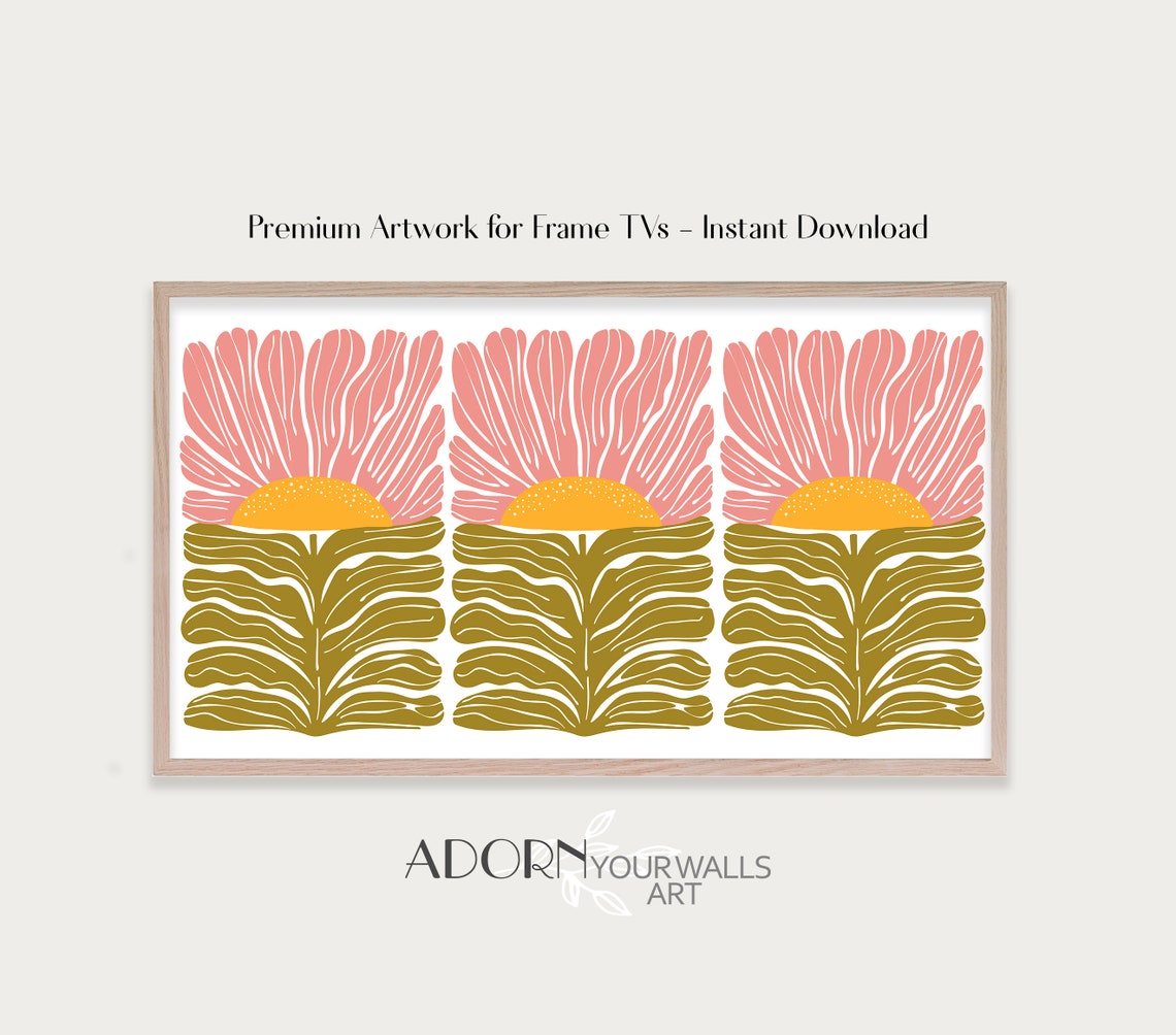 Pink Petal Sun Bursts Green Leaf Fans Boho Floral Frame TV Wall Art