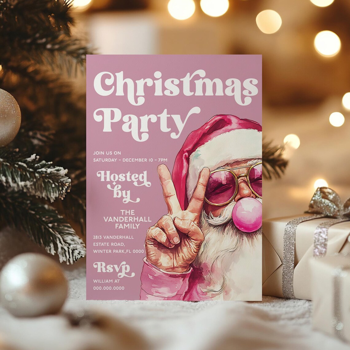 Pink Santa Christmas Party Invitation Retro Holiday Invite Print