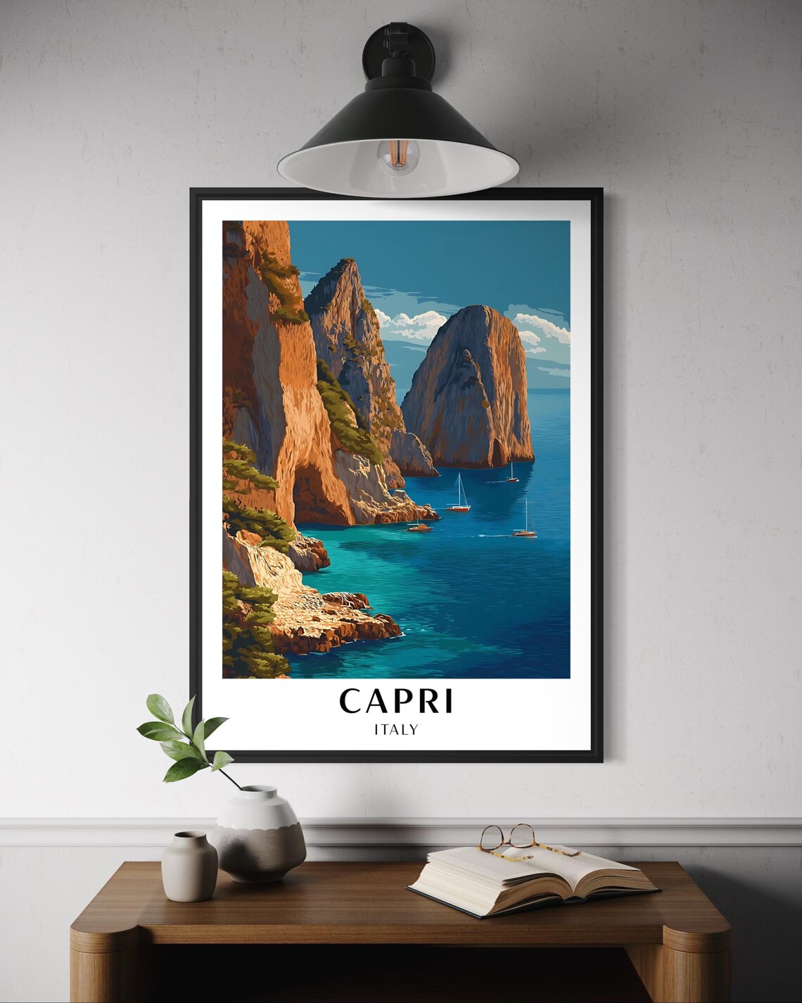 Capri Italy Faraglioni Rocks Sailboats Seaside Travel Poster