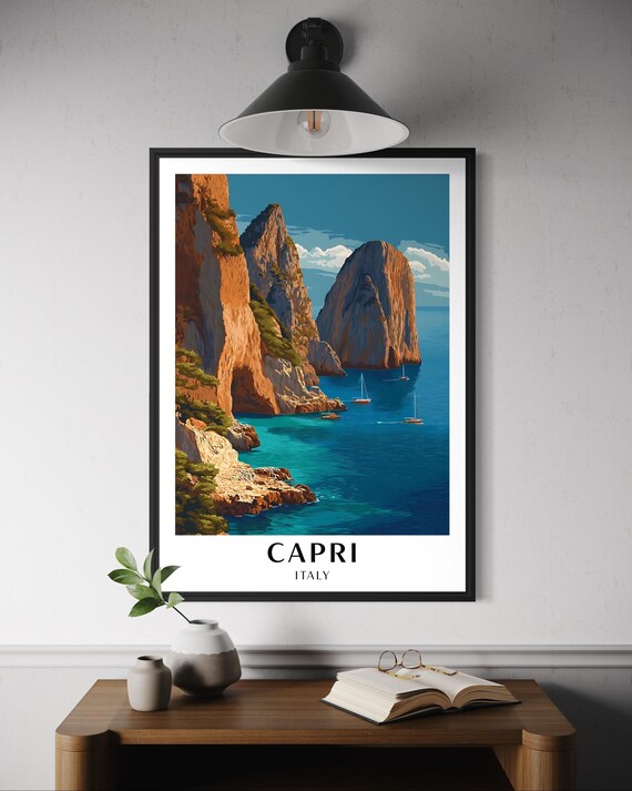 Capri Faraglioni Italy Poster Coastal Travel Print Mediterranean Wall Decor Europe Beach Landscape Italian Island Art Illustration