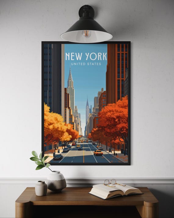 New York Poster Autumn Street Scene Wall Art Nyc Travel Print Fall City Decor Manhattan Artwork Urban Landscape Illustration Usa