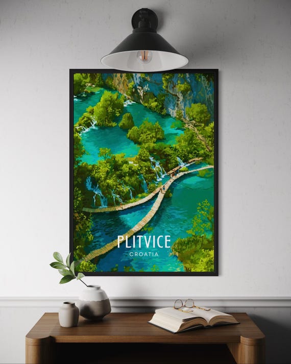 Plitvice Lakes Croatia Travel Poster Illustrated European Wall Art Print Scenic Nature Waterfall Hiking Decor Balkan