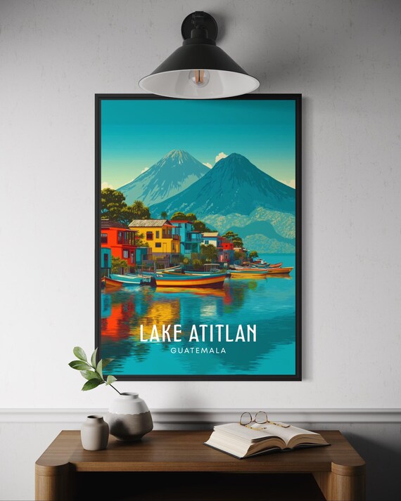 Lake Atitlan Guatemala Volcanoes Vintage Travel Poster Boat Art