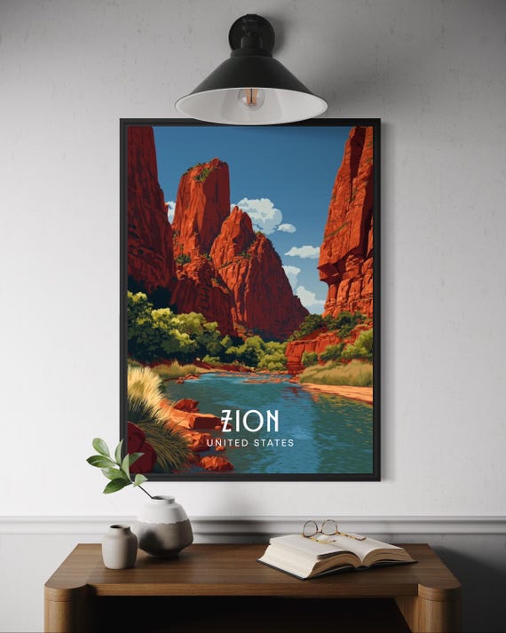Zion National Park Poster Utah Wall Art Scenic Red Rock Print Usa Travel United States Southwestern Nature Artwork Home Decor