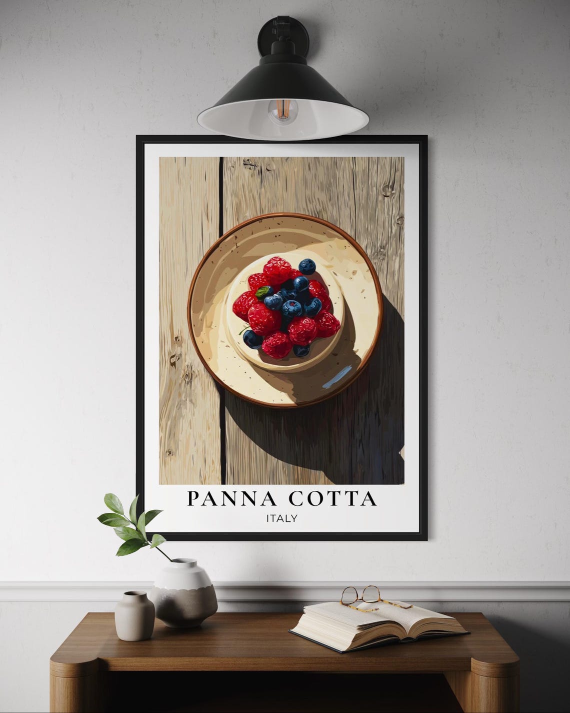 Panna Cotta Italian Berry Dessert Overhead Illustration Kitchen Poster