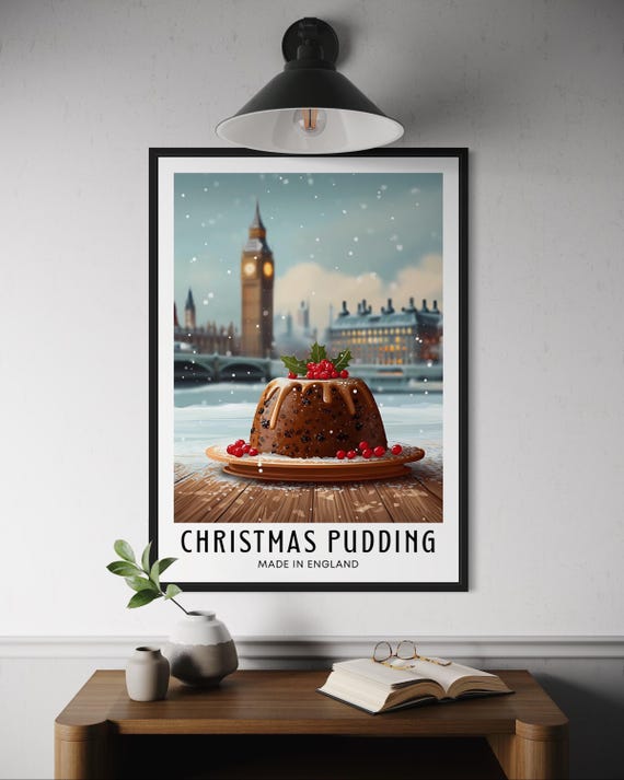 Christmas Pudding Poster Traditional British Dessert Wall Art Holiday Food Print London Big Ben Artwork Festive Kitchen Decor