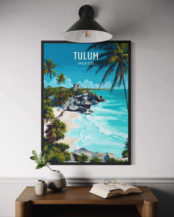 Tulum Mexico Mayan Ruins Beach Vintage Travel Poster Palm Trees