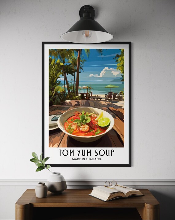 Tom Yum Soup Made in Thailand Poster with Beachside Bowl Scene