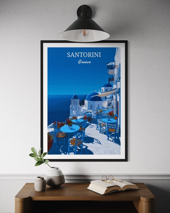 Santorini Greece Blue Domes Seaside Cafe Aegean Sea Travel Poster