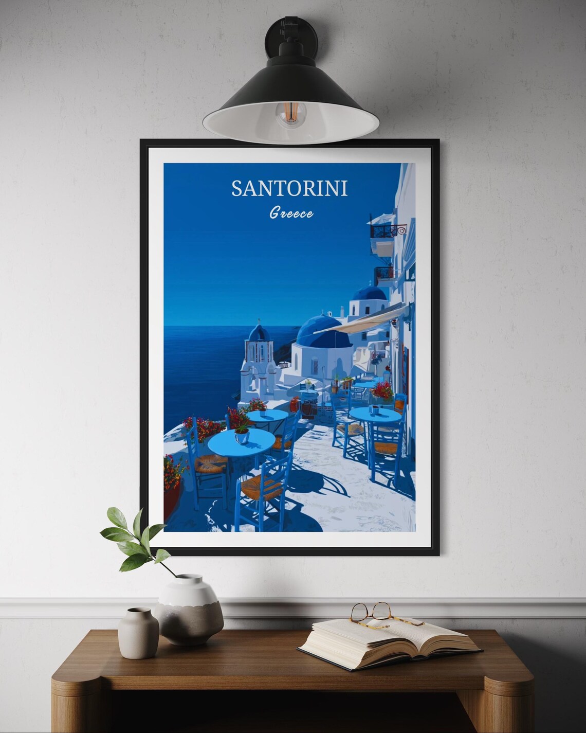Santorini Greece Blue Domes Seaside Cafe Aegean Sea Travel Poster