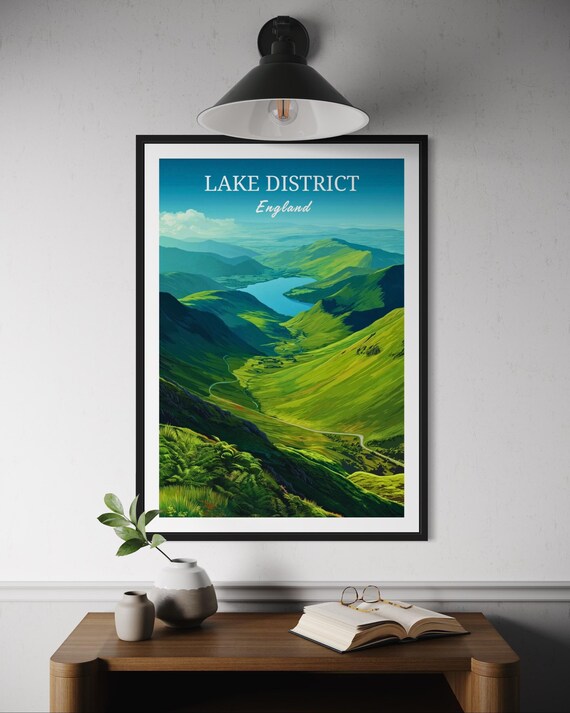 Lake District England Green Valley Lake Mountains Travel Poster