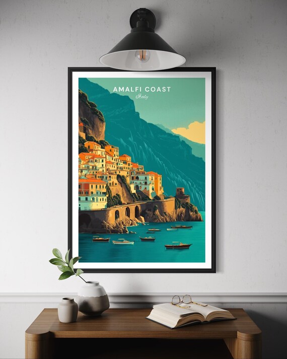 Amalfi Coast Italy Poster Coastal Travel Wall Art Italian Seaside Print Mediterranean Decor Positano Europe Illustration