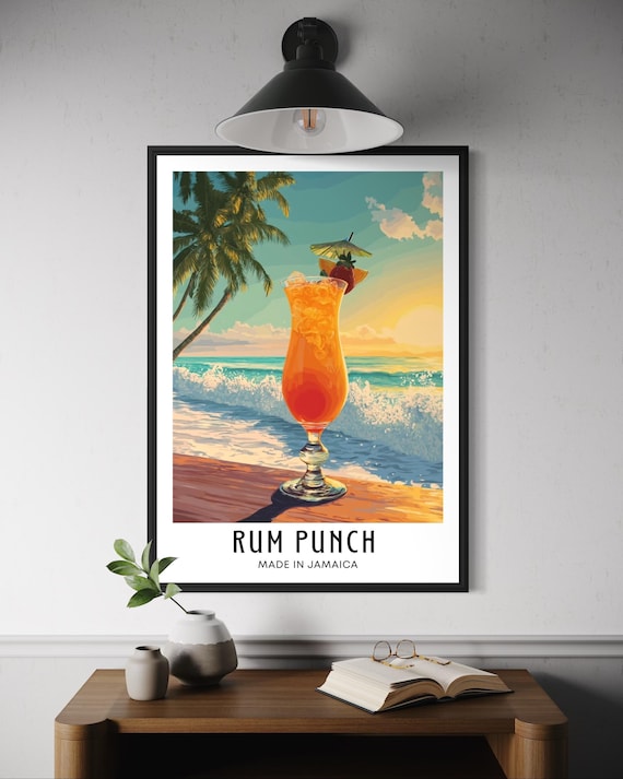 Rum Punch Cocktail Art Print Tropical Caribbean Drink Poster Beach Bar Wall Island Vacation Decor Summer Illustration
