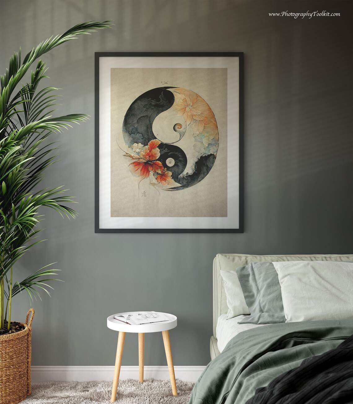 Floral Yin Yang Watercolor Wall Art Boho Balance Symbol Peach Blossom Decor - Image 3