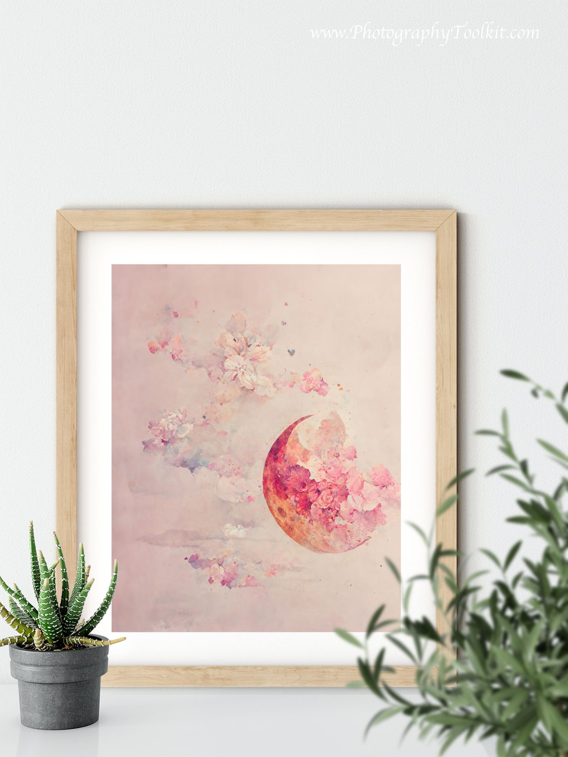 Pink Crescent Moon Blossom Clouds Soft Dreamy Watercolor Print - Image 5
