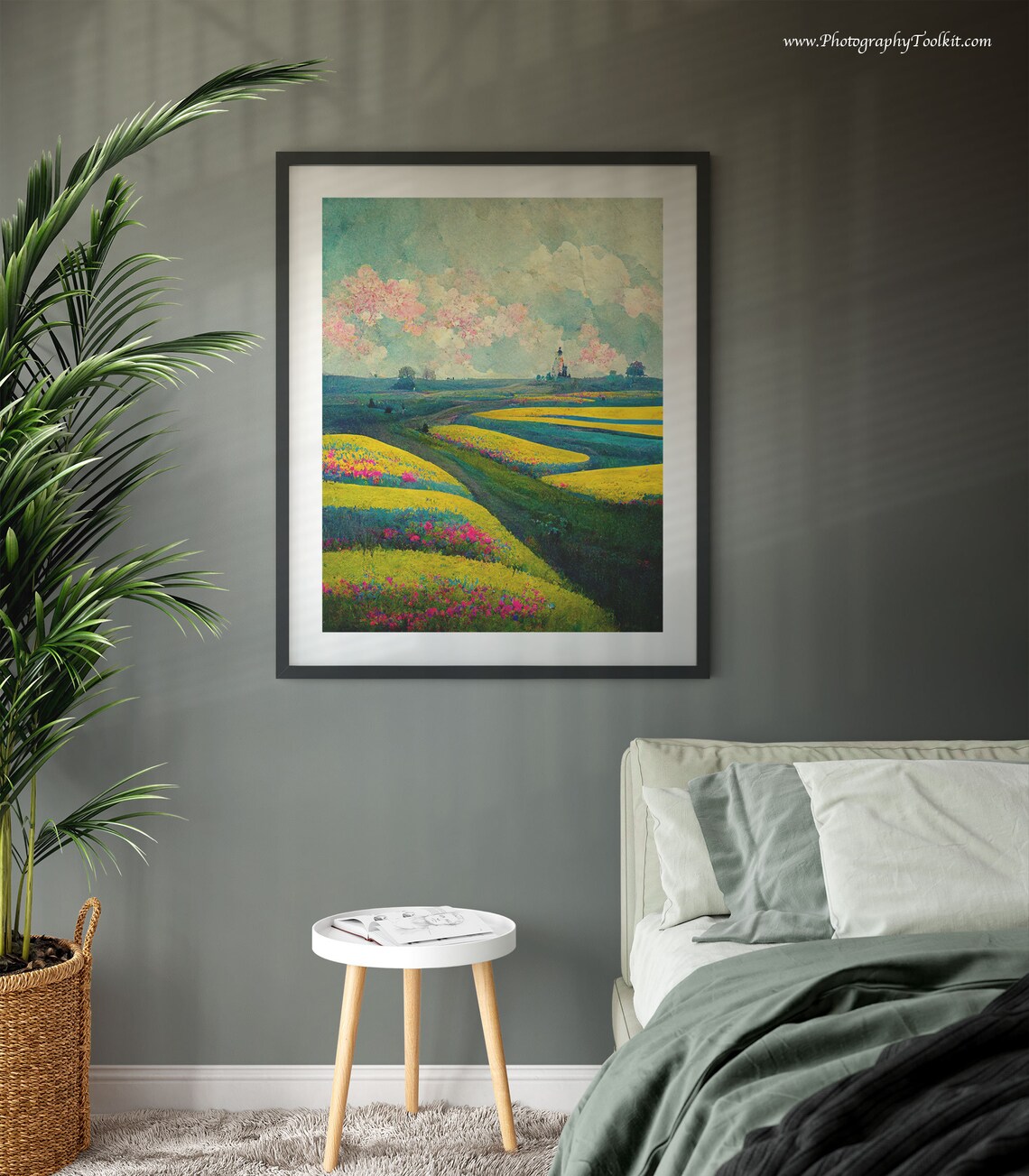 Yellow and Pink Flower Fields Under Blossom Clouds Impressionist Poster - Image 3