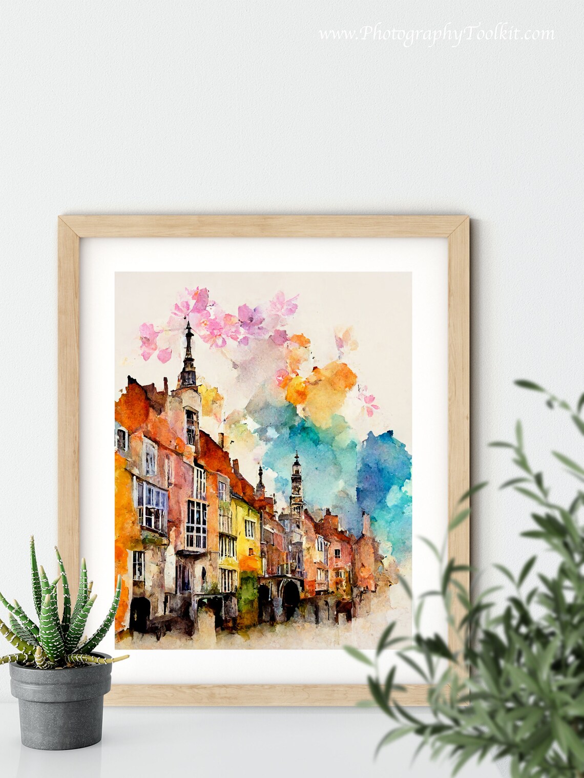Bruges Belgium Canal Houses Spires Pink Blossom Watercolor Poster - Image 5