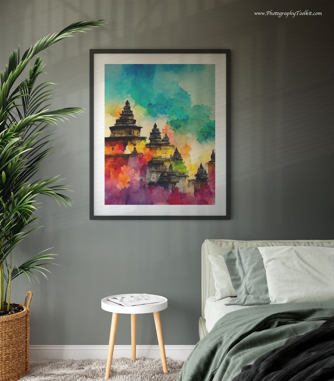 Ancient Stone Temple Spires Vibrant Magenta Sky Watercolor Poster - Image 3