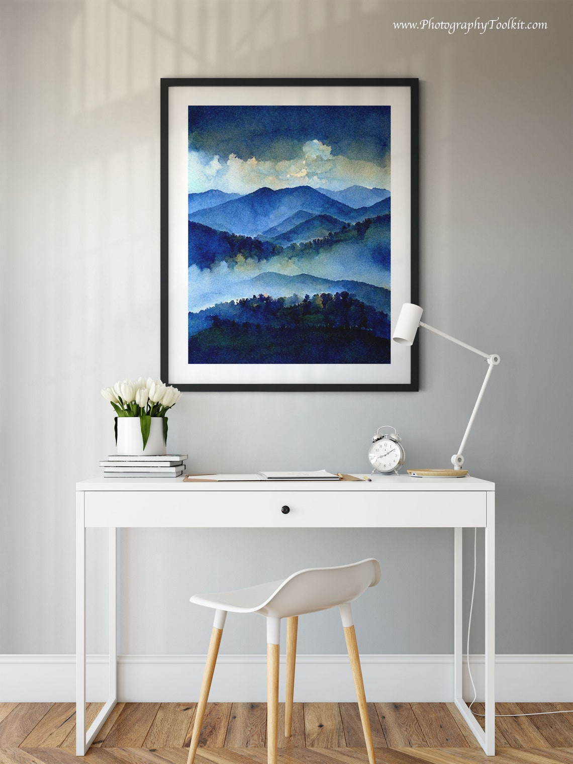 Blue Misty Mountains Watercolor Cloudy Sky Over Foggy Peaks Art Poster - Image 2