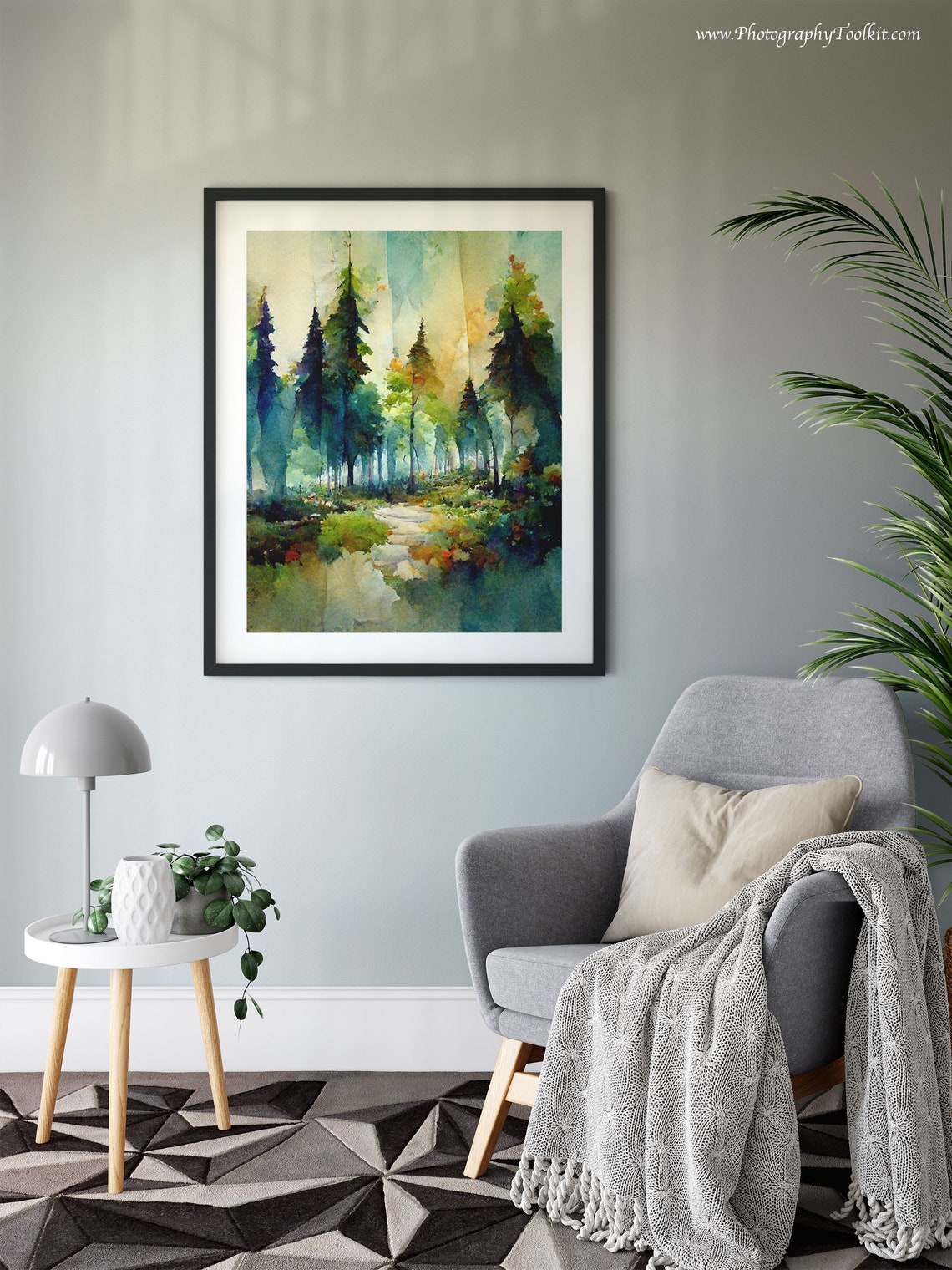 Sunlit Pine Forest Path Watercolor Tall Trees Serene Woods Poster - Image 6
