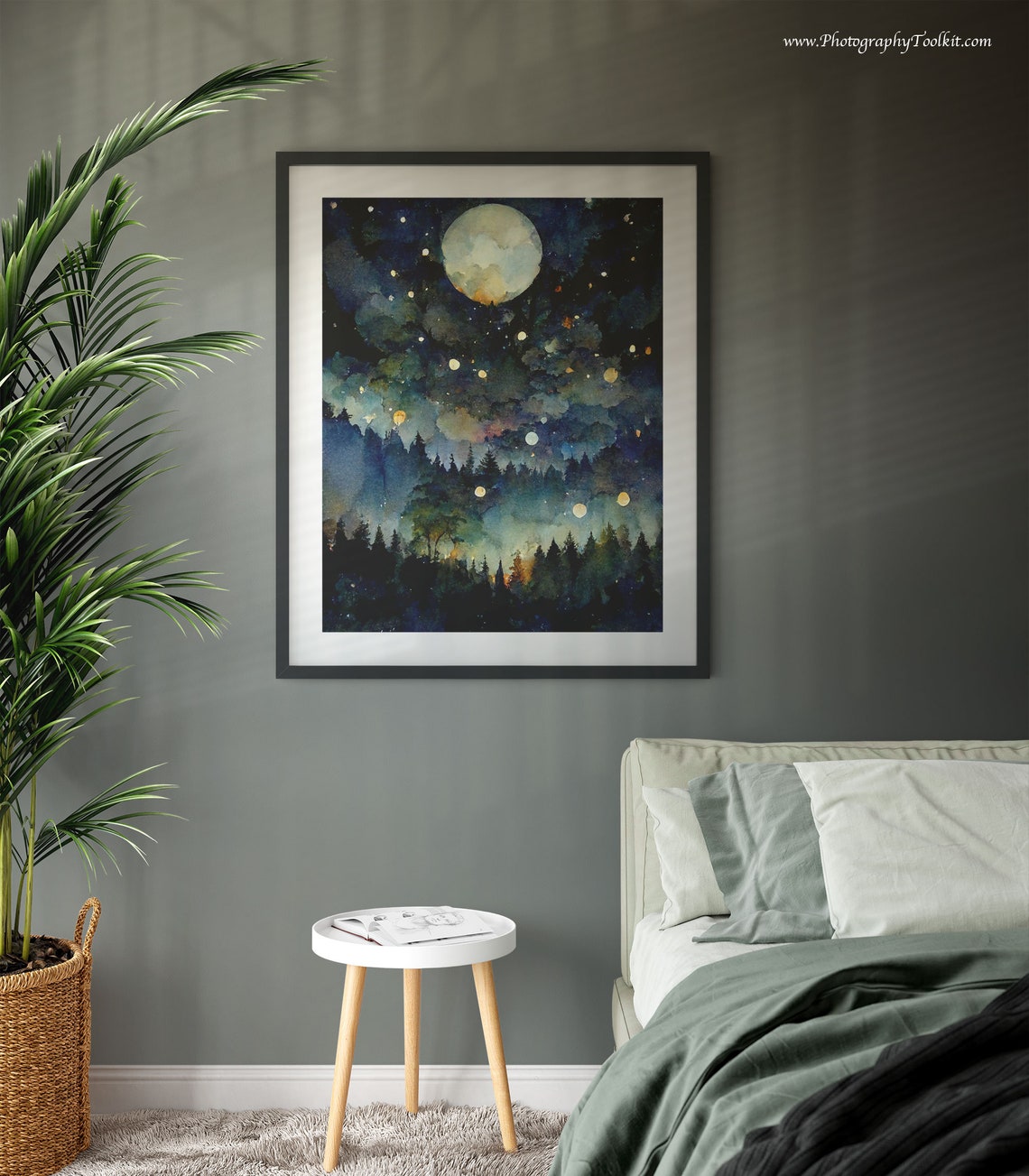 Full Moon Over Dark Forest Night Sky Glowing Orbs Watercolor Poster - Image 3