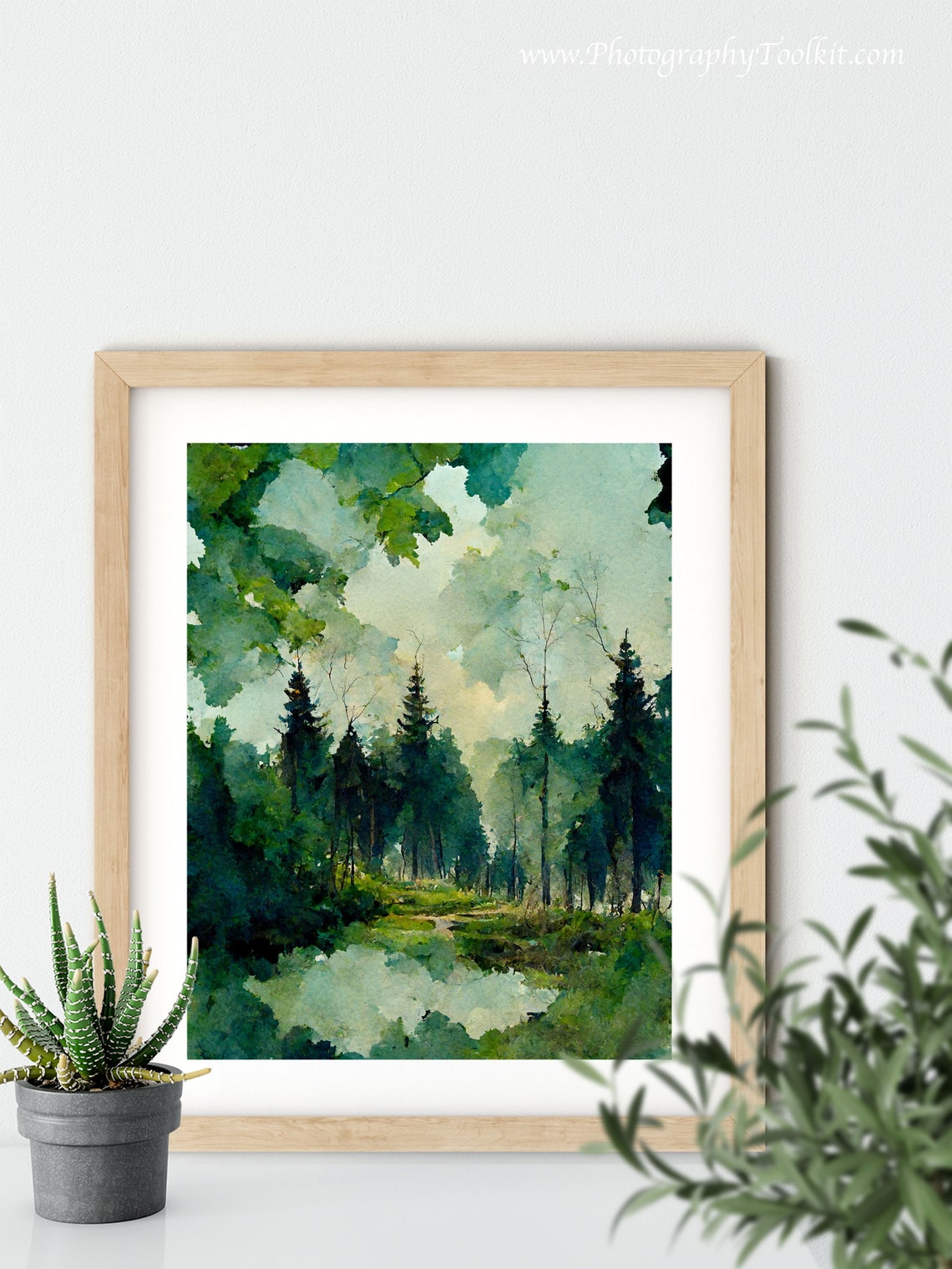 Misty Pine Forest Pond Reflective Calm Serene Watercolor Poster - Image 5