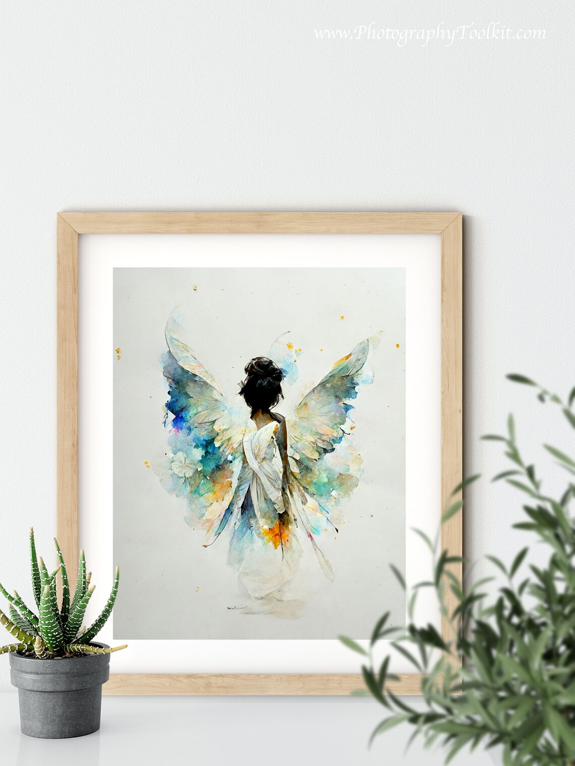 Angel with Watercolor Blue and Gold Wings Seen from Behind Art Poster - Image 5