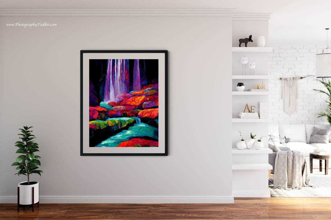Neon Waterfall Over Colorful Rocks in Bold Abstract Painting Poster - Image 4