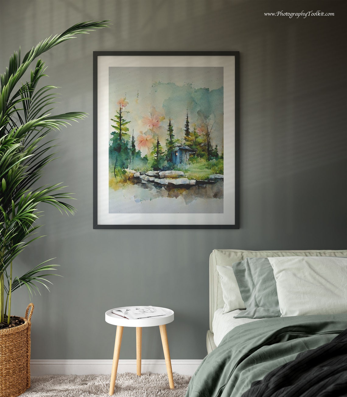 Misty Pine Forest Lake With Cabin Watercolor Landscape Poster - Image 3