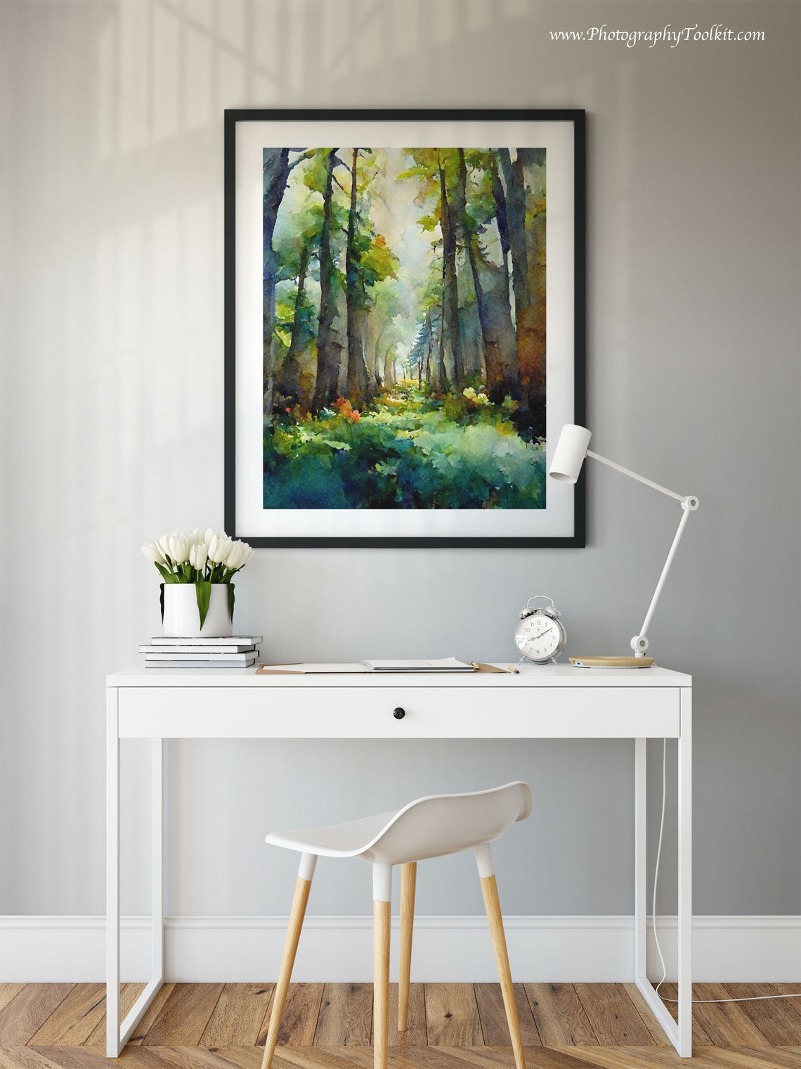 Sunlit Forest Interior Tall Trees Watercolor Golden Light Woods Poster - Image 2