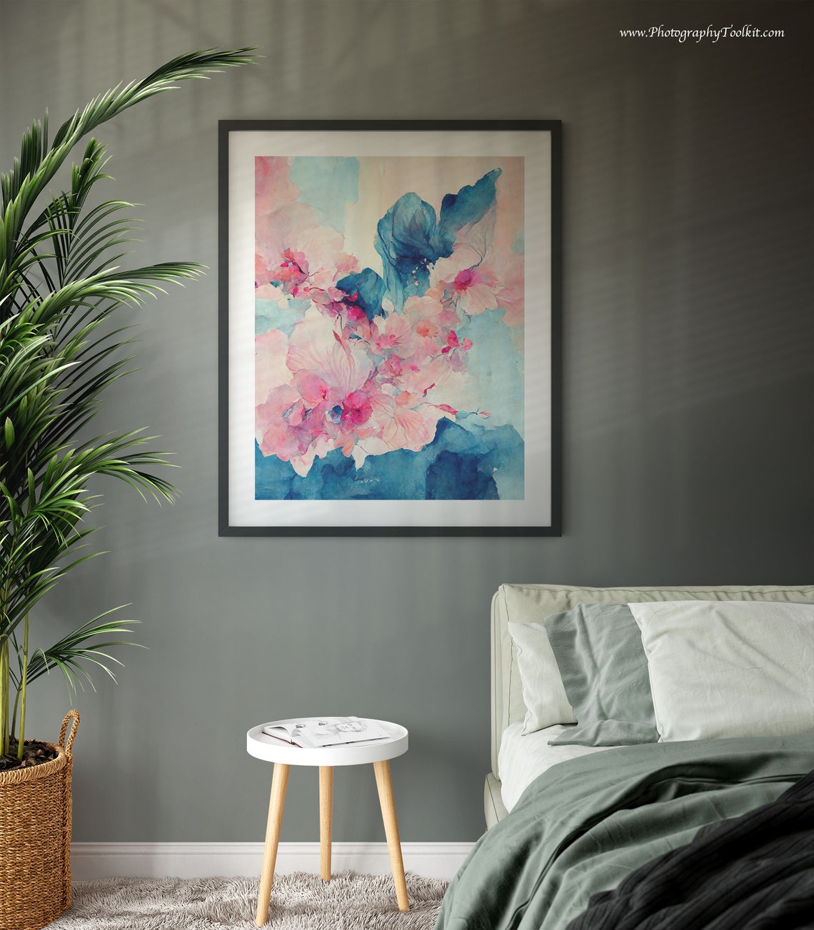 Abstract Floral Watercolor Pink Blossom Blue Botanical Art Poster - Image 3