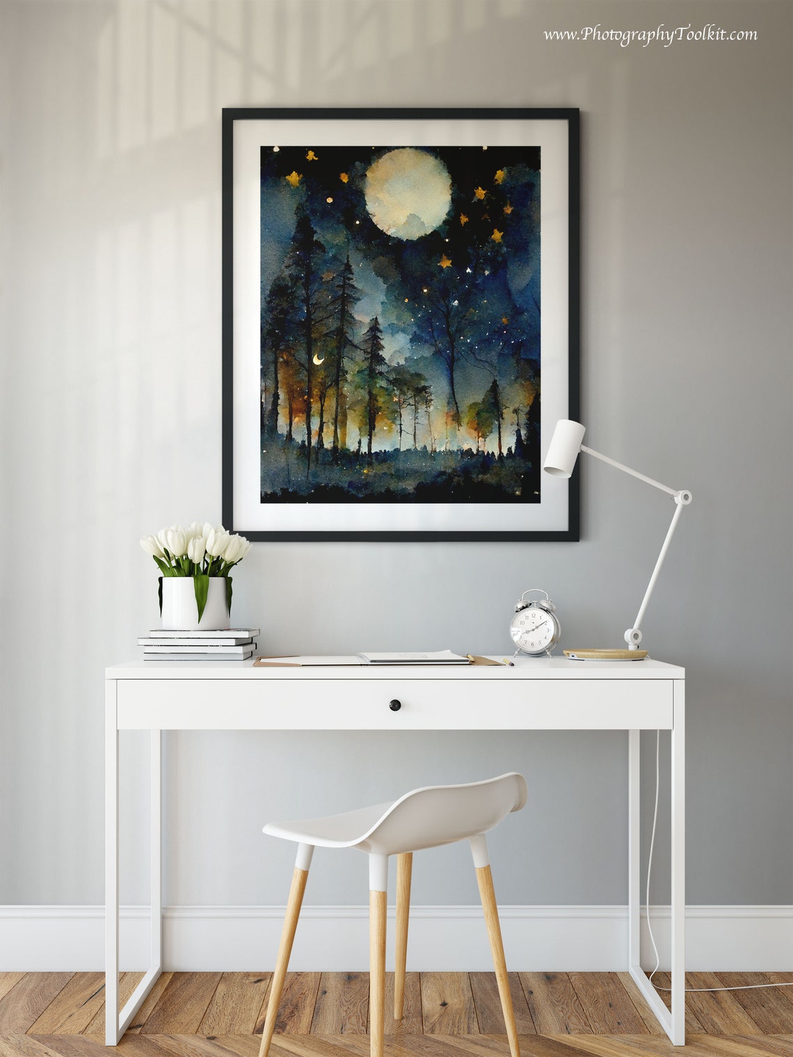 Golden Stars Full Moon Night Forest Watercolor Celestial Sky Poster - Image 2