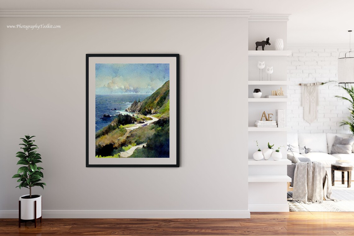 Big Sur Coastline Winding Road Watercolor Rocky Shore Ocean View Print - Image 4