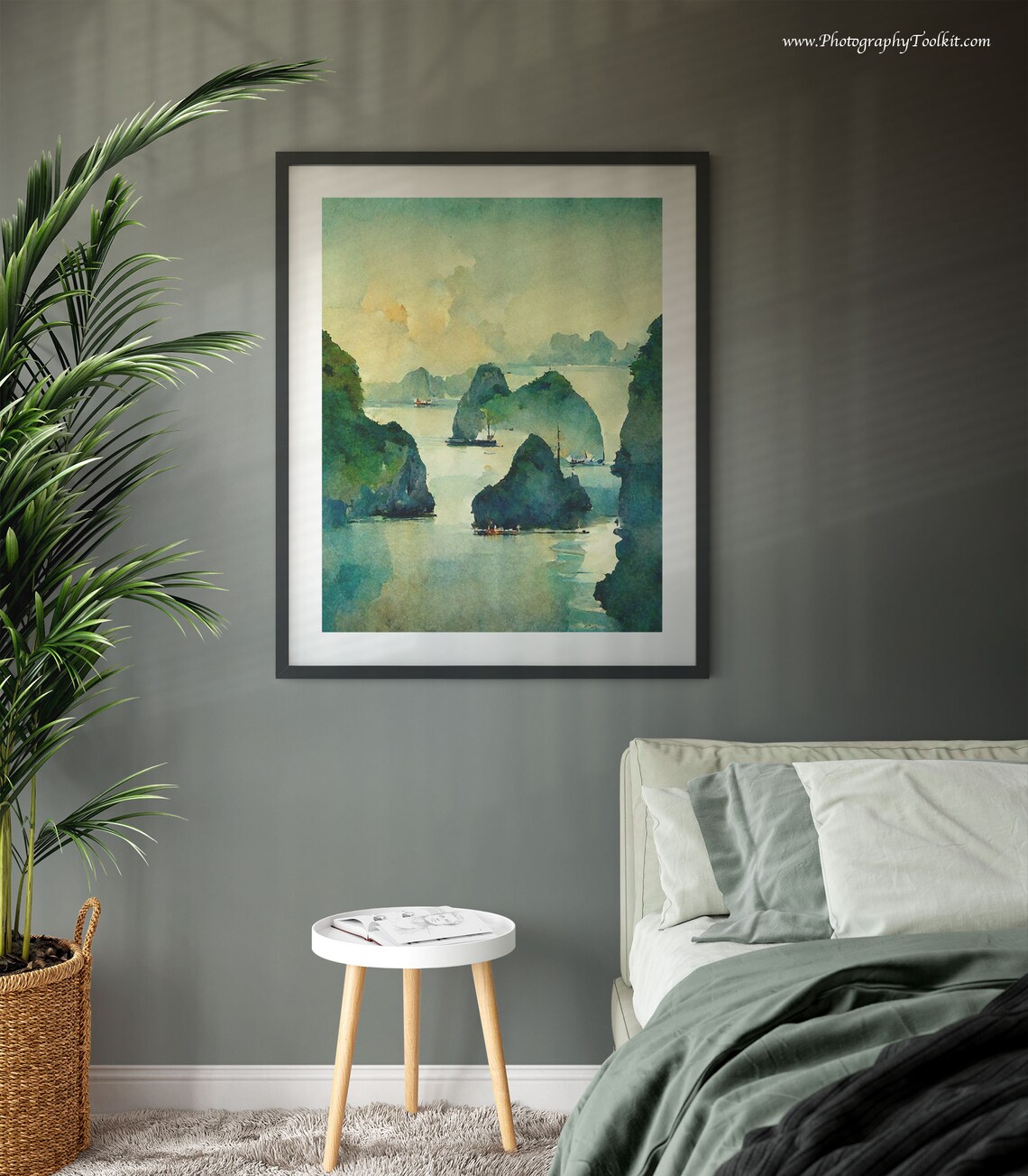 Ha Long Bay Vietnam Misty Sailboats Karst Cliffs Watercolor Poster - Image 3