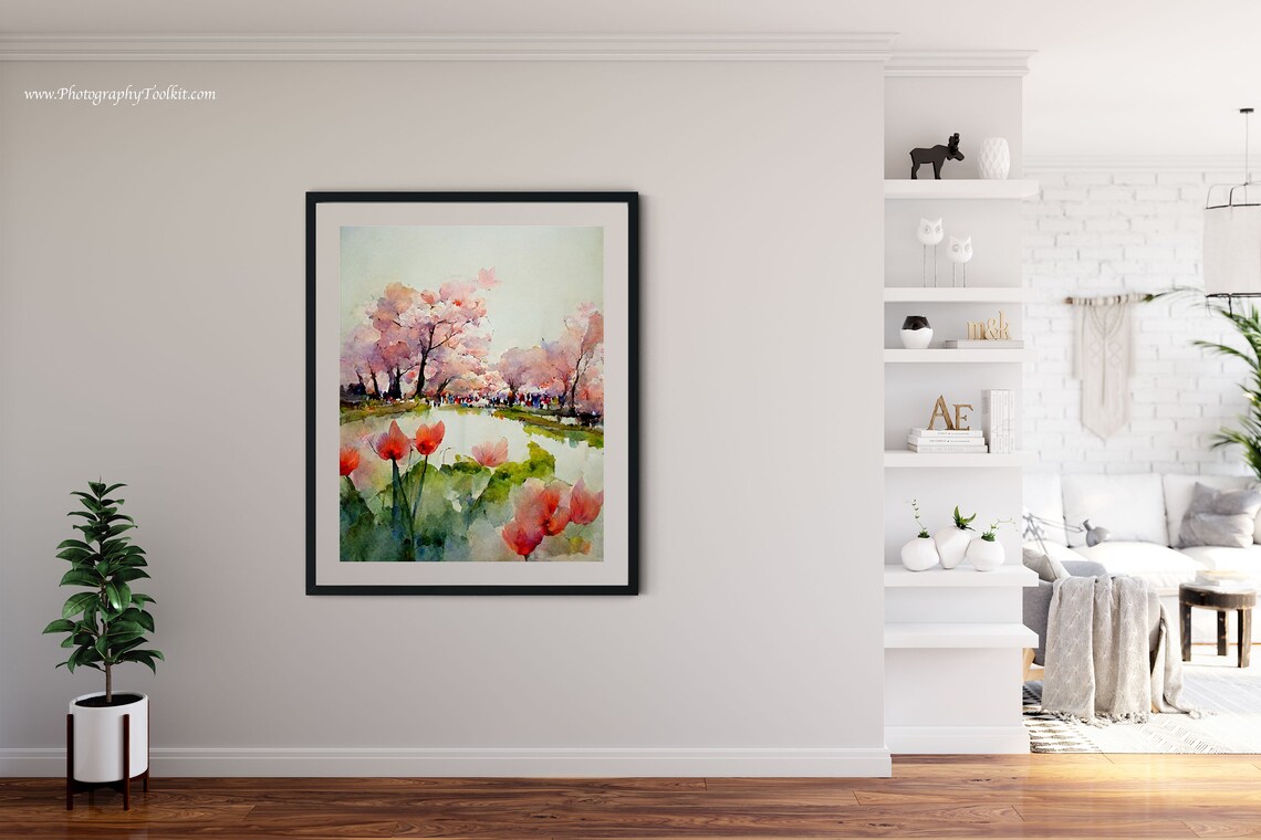 Cherry Blossom Spring Lake Red Tulips Scenic Watercolor Poster - Image 4