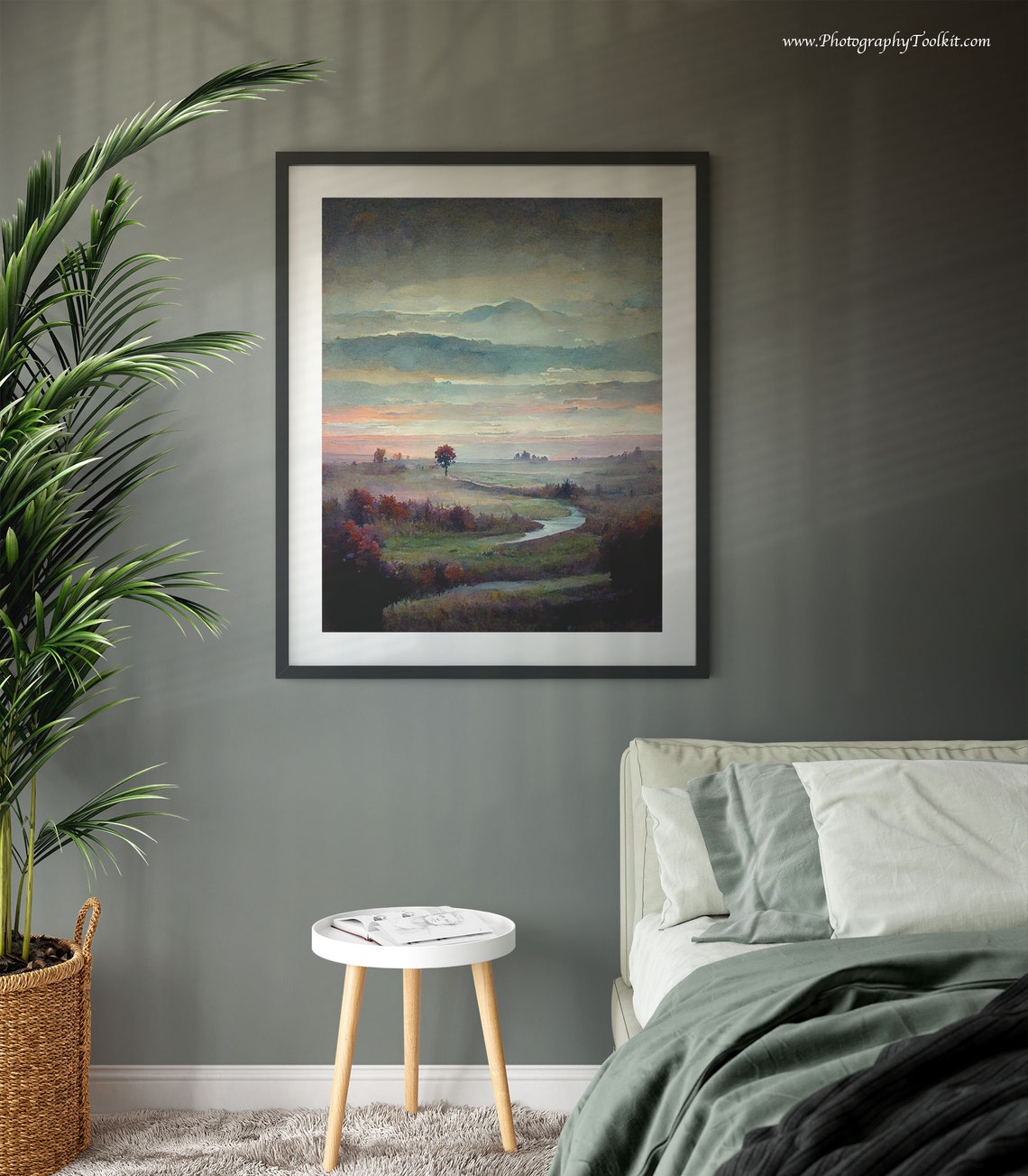 River Valley Sunset Watercolor Rolling Hills Landscape Poster - Image 3
