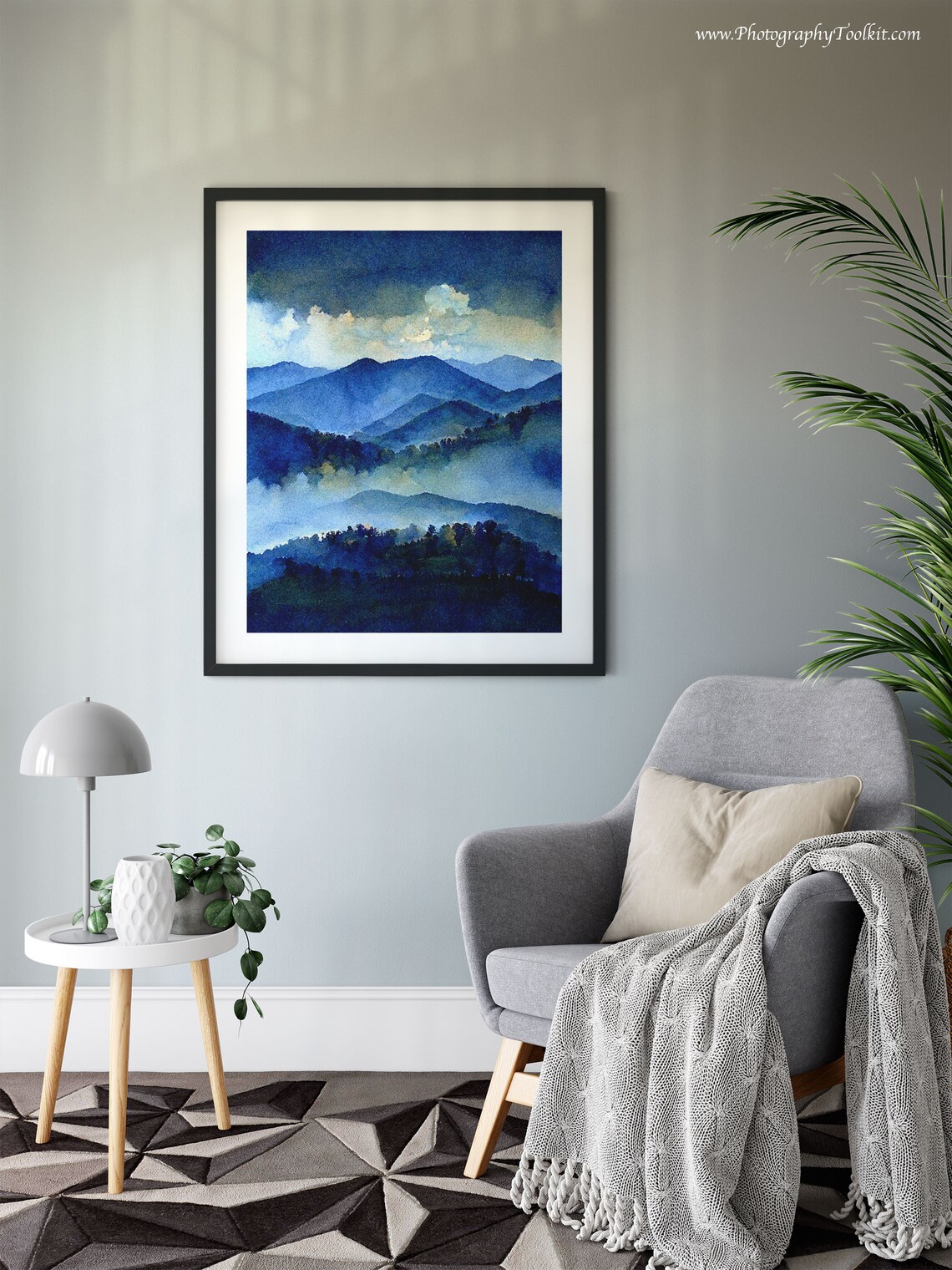 Blue Misty Mountains Watercolor Cloudy Sky Over Foggy Peaks Art Poster - Image 6