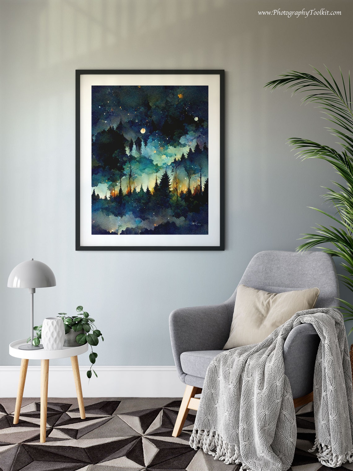 Starry Night Forest Pines Watercolor Glowing Horizon Night Sky Poster - Image 6