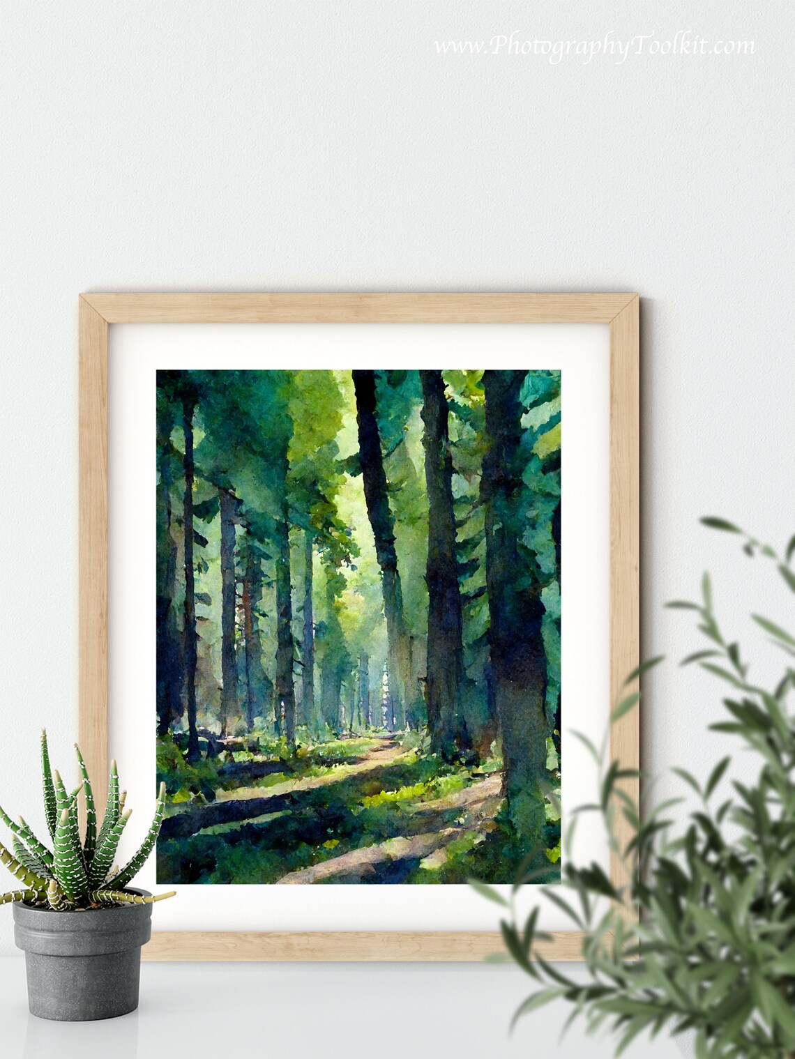 Misty Green Forest Sunlit Woodland Path Serene Watercolor Poster - Image 5