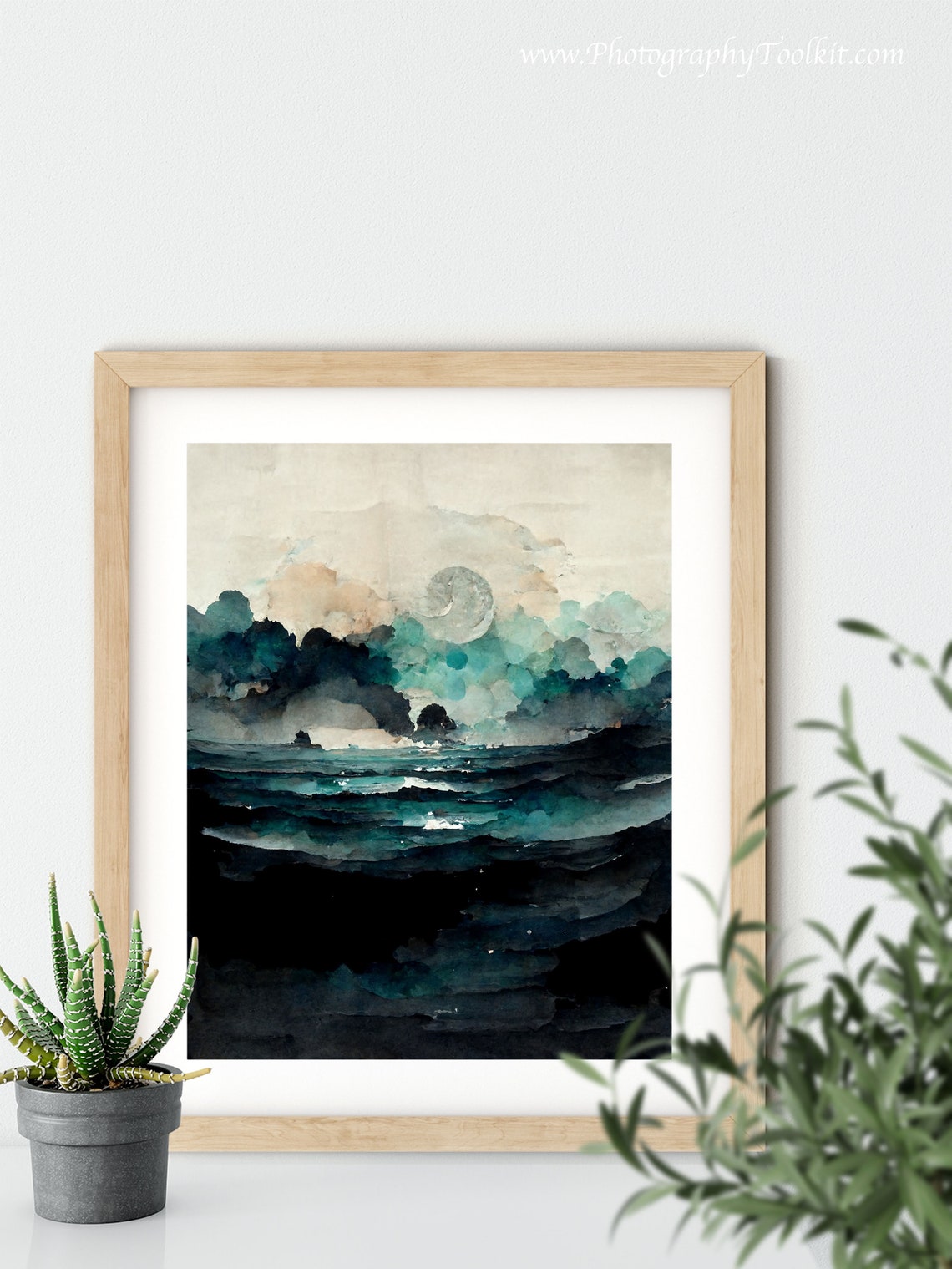 Dark Teal Ocean Waves Pale Moon Clouds Watercolor Night Sea Poster - Image 5