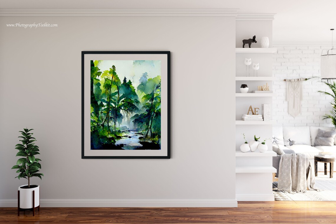 Misty Green Forest Stream in Morning Sunlight Watercolor Nature Poster - Image 4