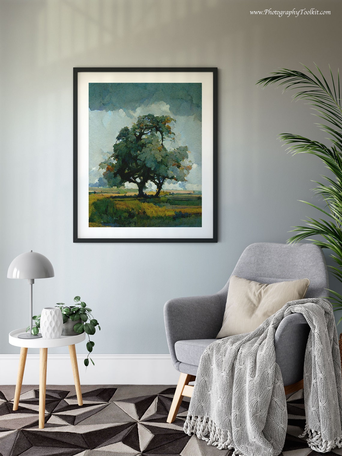Solitary Tree in a Golden Field Under Storm Clouds Oil Style Poster - Image 6