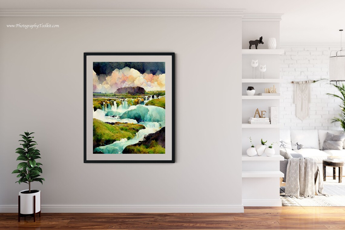 Godafoss Iceland Waterfall Mossy Green Banks Watercolor Poster - Image 4
