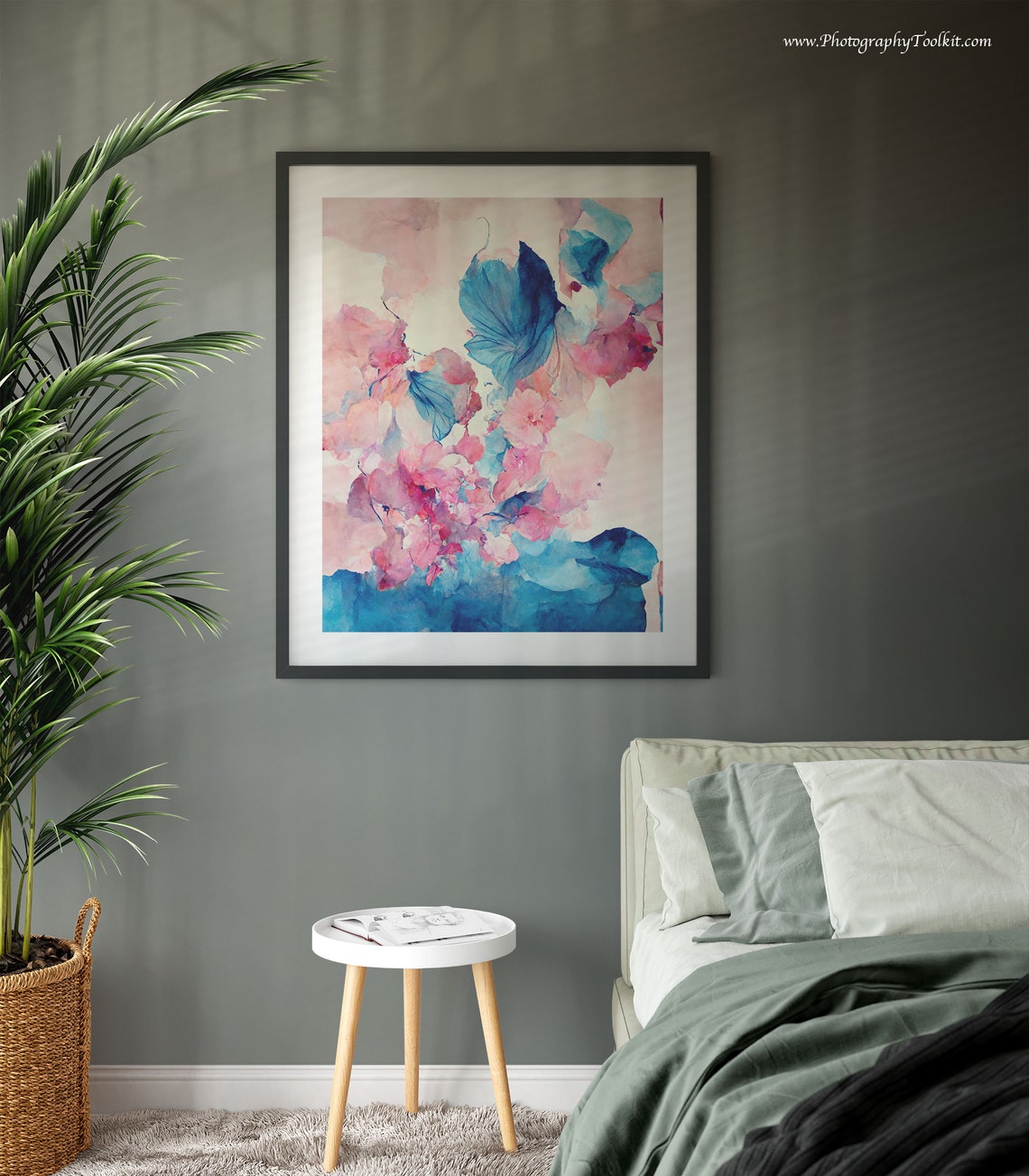Pink Blossom Abstract Blue Ink Wash Watercolor Dreamy Floral Poster - Image 3