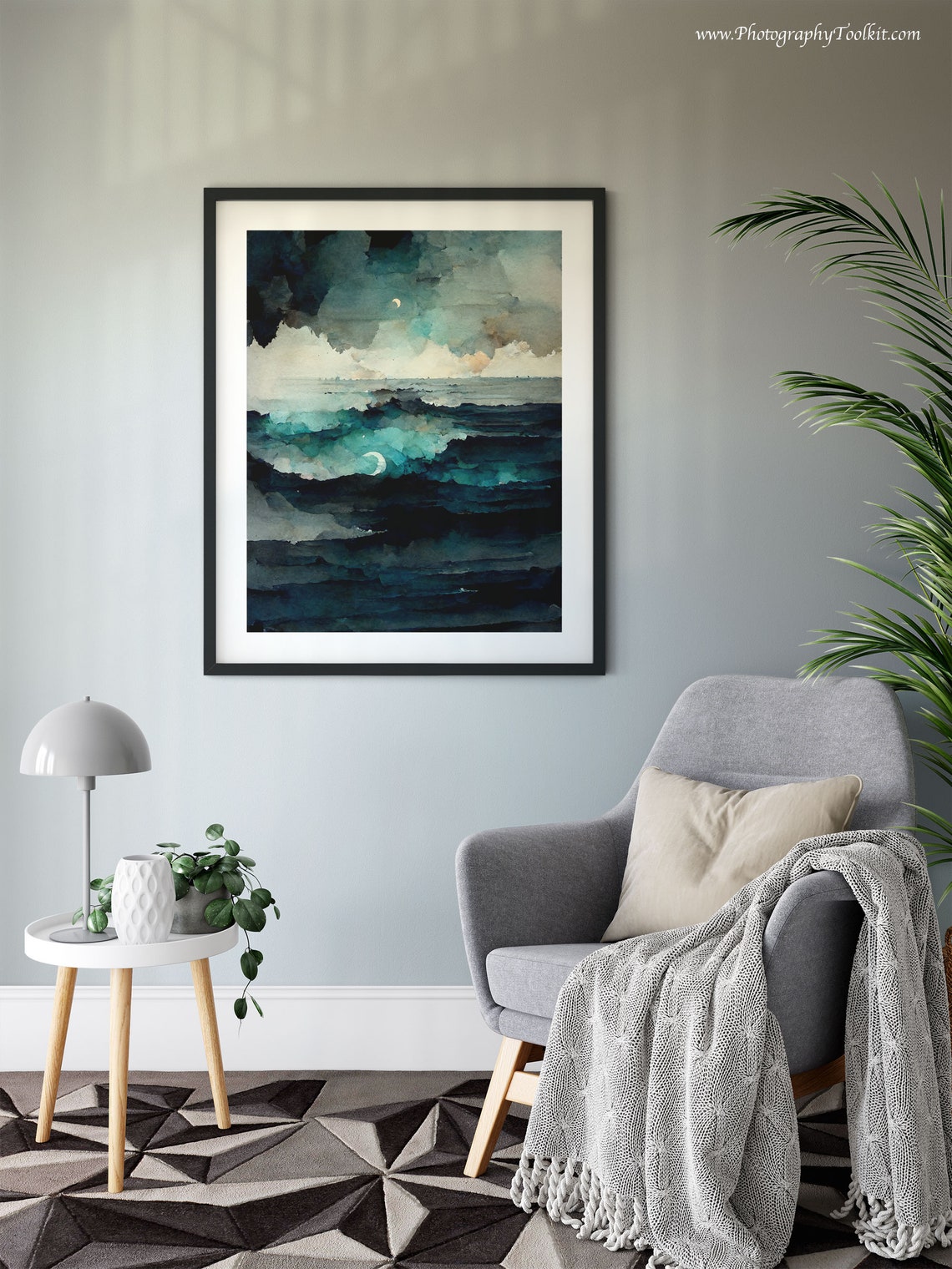 Dark Moonlit Ocean Waves Night Sea Watercolor Moody Coastal Poster - Image 6