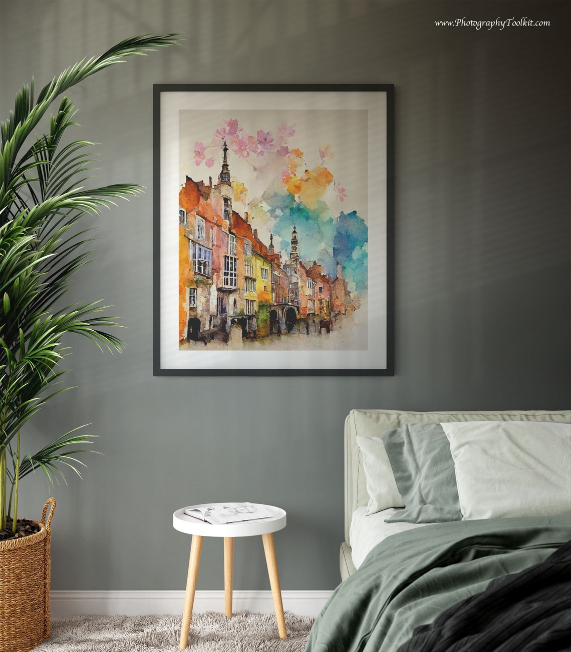Bruges Belgium Canal Houses Spires Pink Blossom Watercolor Poster - Image 3