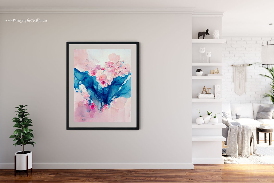 Abstract Blue Ink Pink Blossoms Fluid Watercolor Modern Art Poster - Image 4