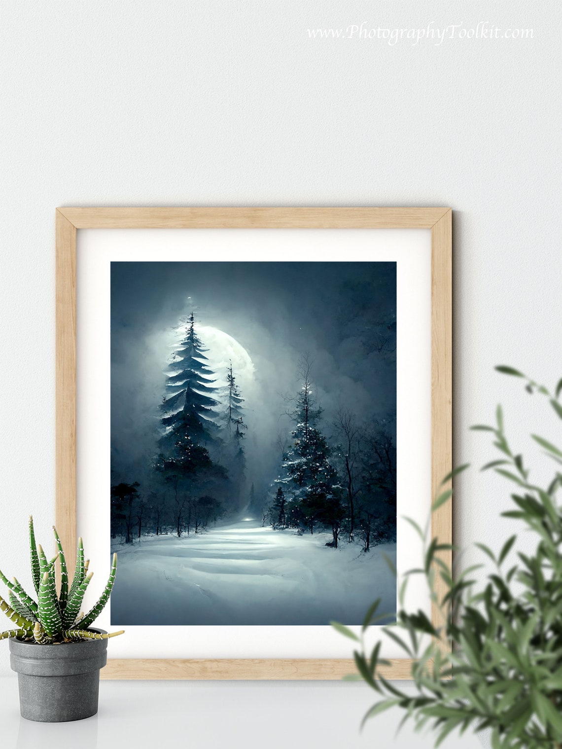 Moonlit Snowy Pine Forest Night Watercolor Winter Landscape Poster - Image 5