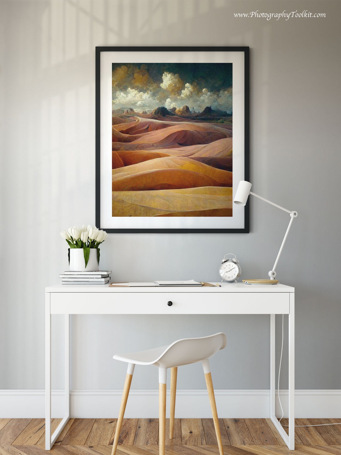 Rose Pink Desert Dunes Dramatic Clouds Desert Landscape Art Poster - Image 2