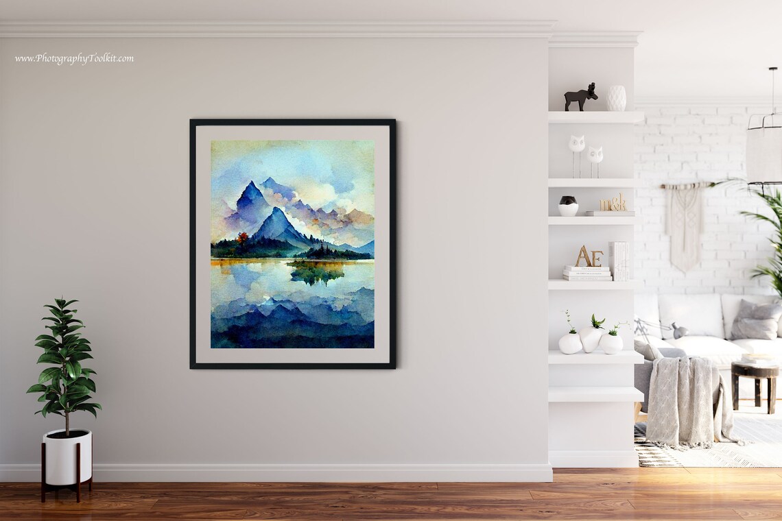 Misty Purple Mountain Peaks Reflected in a Still Lake Watercolor Poster - Image 4